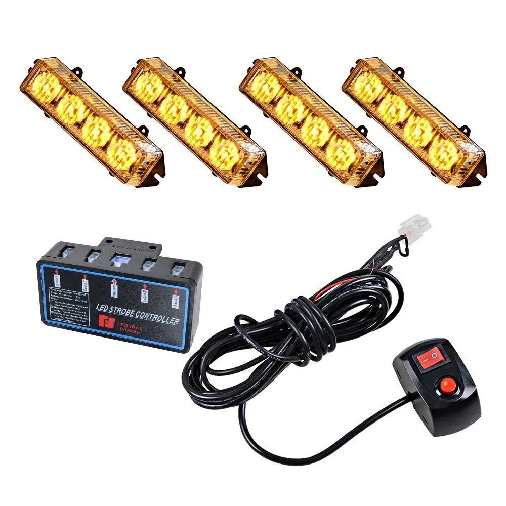 4X 4 LED 4" Amber Emergency Warning Strobe Flashing Grilles Light Bar