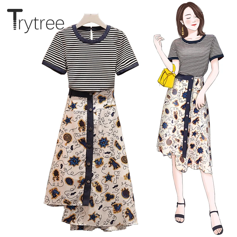 

Trytree Summer Women 2 Piece Sets Cotton O-neck Striped Casual Tops + Skirts Print Mid-calf Polyester Office Lady 2 Piece Suits