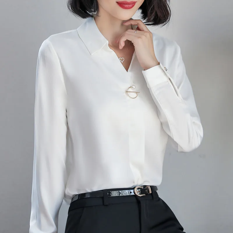 Новая Элегантная женская рубашка с v-образным вырезом, темпераментная модная формальная тонкая шифоновая блуза с длинным рукавом, офисные женские топы размера плюс