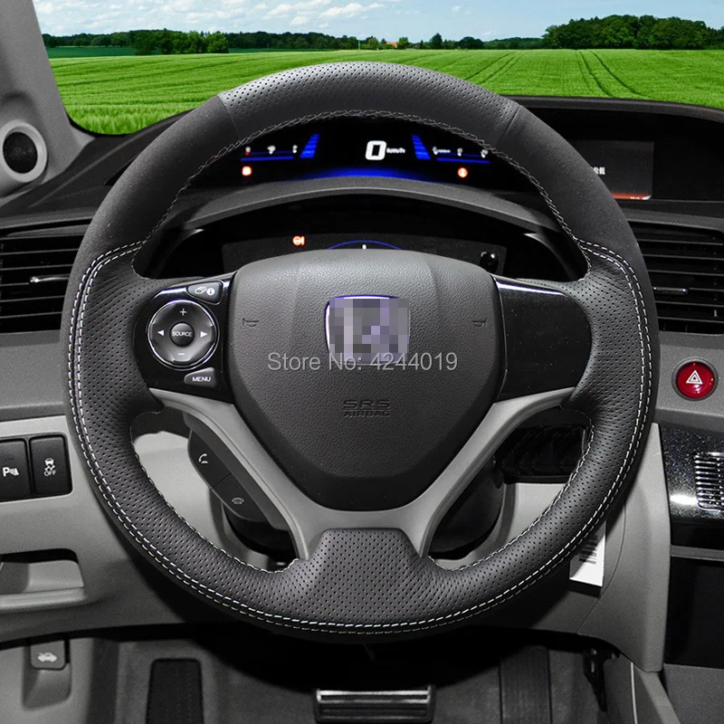 

For Honda Civic 9TH Sport Black suede/hole leather DIY Hand Sewing steering wheel cover car accessories