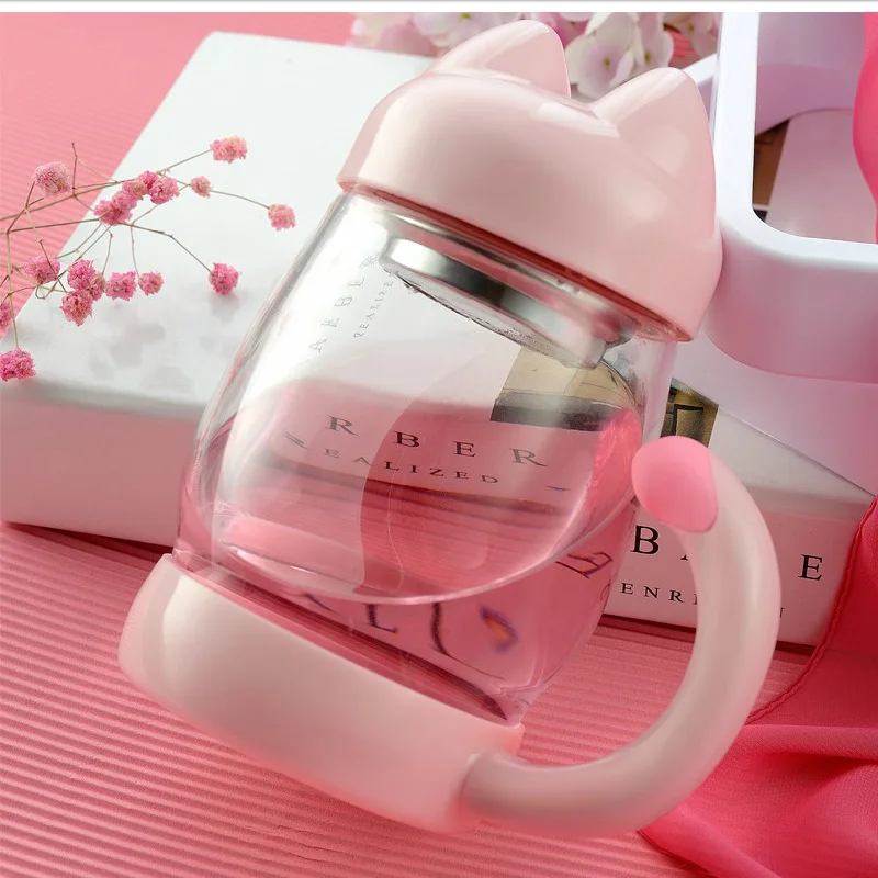 JOUDOO чашка 420 мл стеклянная чашка в форме кошки портативная Дамская стеклянная бутылка для воды с цветком и крышкой для заварки чая ручки бутылки для напитков 35 - Цвет: pink