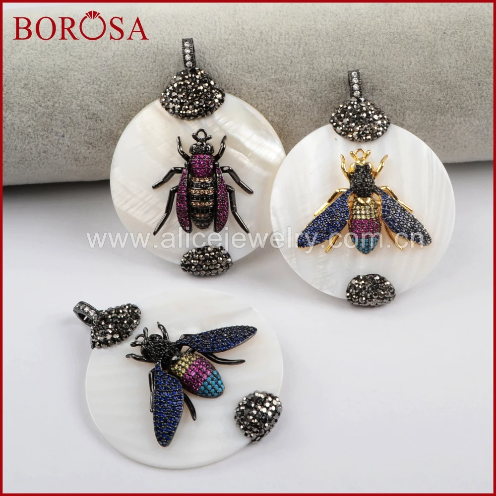 

BOROSA 2018 White Round Shell Pendant with Micro Pave Insects Bugs Pests Rainbow Handcrafted Druzy Pendants for Women JAB827