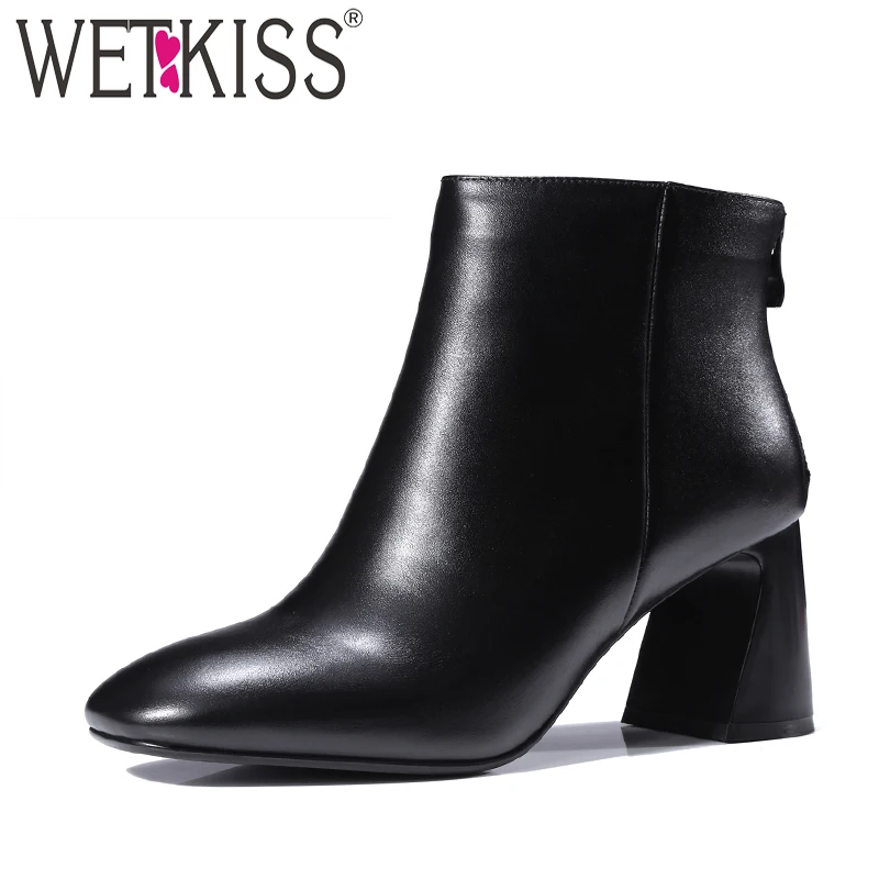 

WETKISS Genuine Leather Autumn Winter Boots Concise Style Ankle Boots Side Zipper Women's High Hoof Heel Shoes Woman 2018 New