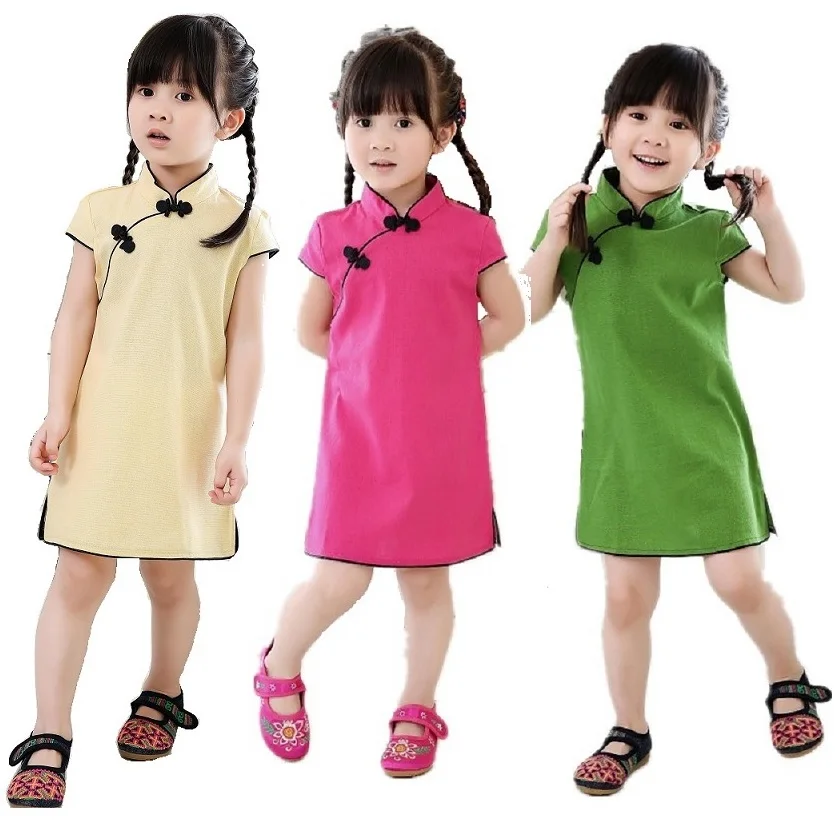 

Chinese New Year Baby Girls Chi-Pao Dress Kids Traditional Qipao Candy Solid Children Cheongsam Linen Girl Clothes Jumper Blouse