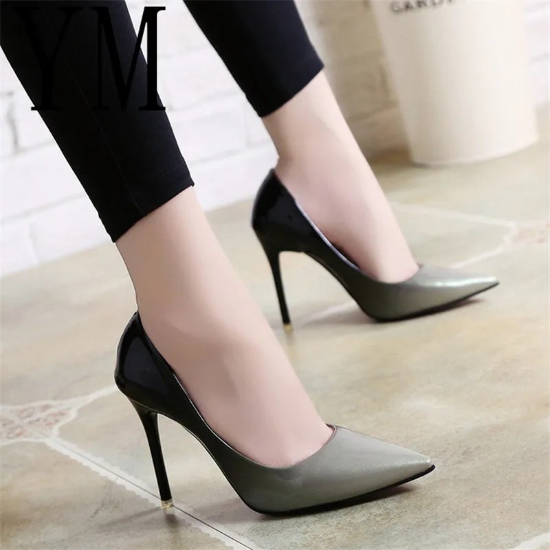 2018 Shadow Women Shoes Pointed Toe Pumps Patent Leather Dress Wine Red 10CM High Heels Boat Shoes Wedding Shoes Zapatos Mujer