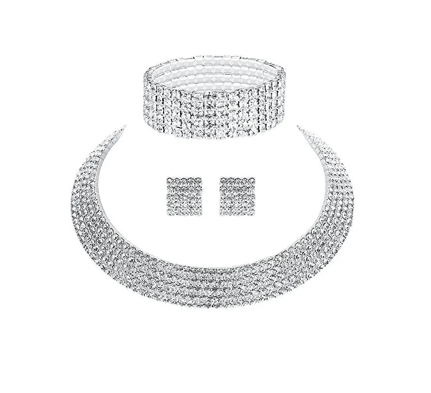 Círculo de Cristal Da Dama de Honra Nupcial Conjuntos de Jóias De Cor Prata de Strass Casamento Colar Brincos Pulseira Conjuntos para As Mulheres (4)