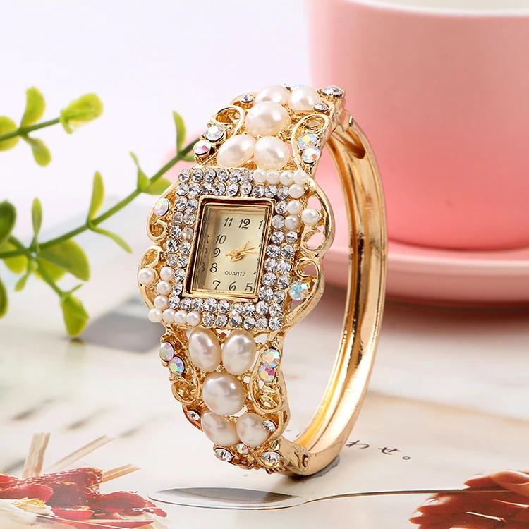 2019 Новая мода ювелирные изделия из жемчуга для женщин часы квадратный браслет часы нержавеющая сталь Кристалл платье кварцевые наручные