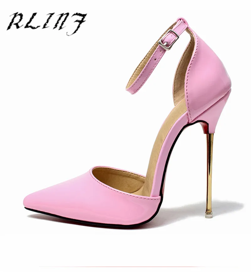 RLINF/новые женские элегантные кожаные туфли на высоком каблуке; женские туфли с острым металлическим носком на тонком каблуке 13 см/16 см - Цвет: 13CM