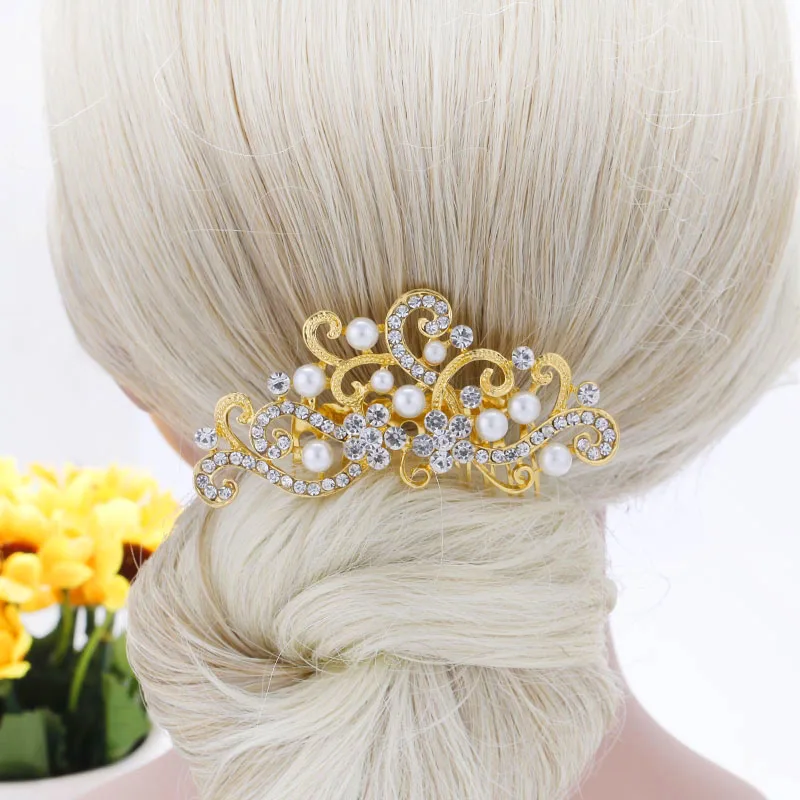 Элегантный золотой цвет цветочные свадебные аксессуары для волос Искусственный жемчуг Кристалл гребни для волос для женщин Свадебные украшения для волос невесты тиара