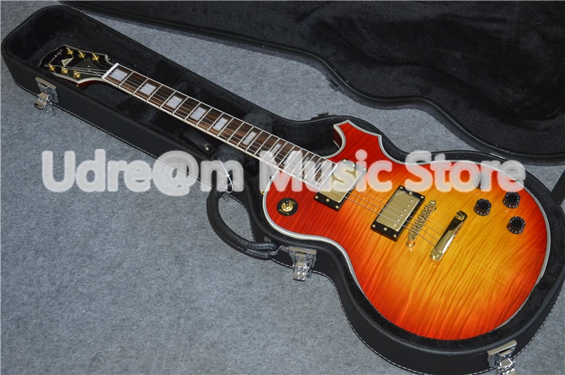 

High Quality CS Cherry Sunburst Tiger Flame Grain Suneye LP Custom Guitarra Electric With Pearl Pearl Inlaid & Guitar Case
