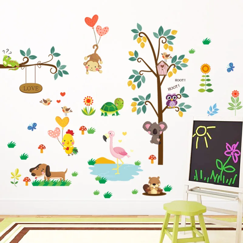 Лесной зоопарк, животные, сова, обезьяна, собака, дерево, наклейка на стену, для спальни, декоративная, для детей, для детской комнаты, домашний декор, Фреска, плакат