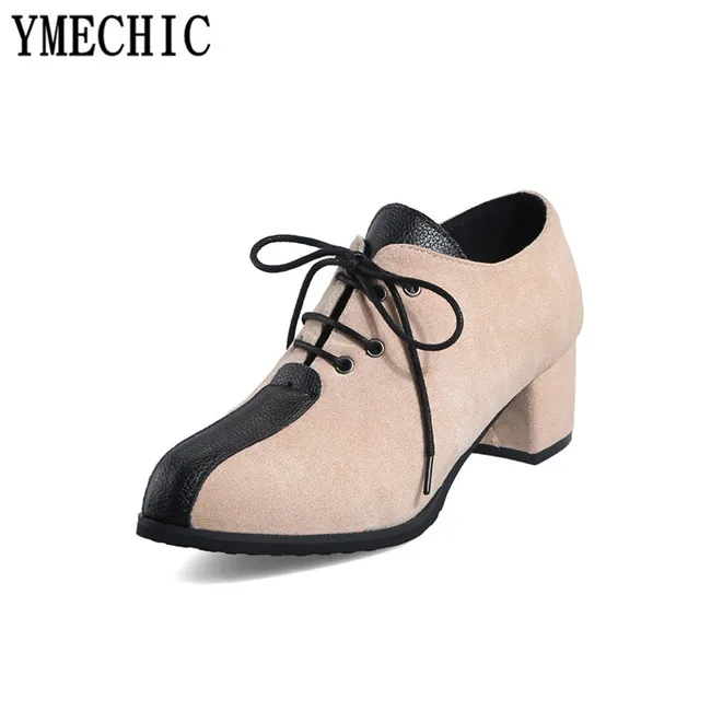 YMECHIC/2018 Осенняя обувь на блочном каблуке Туфли гладиаторы из флока шнуровке