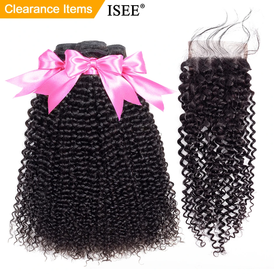Mongolian Kinky Curly Human Hair Bundles With Closure ISEE Hair Extensions 3Bundles With Closure Remy Curly Bundles With Closure