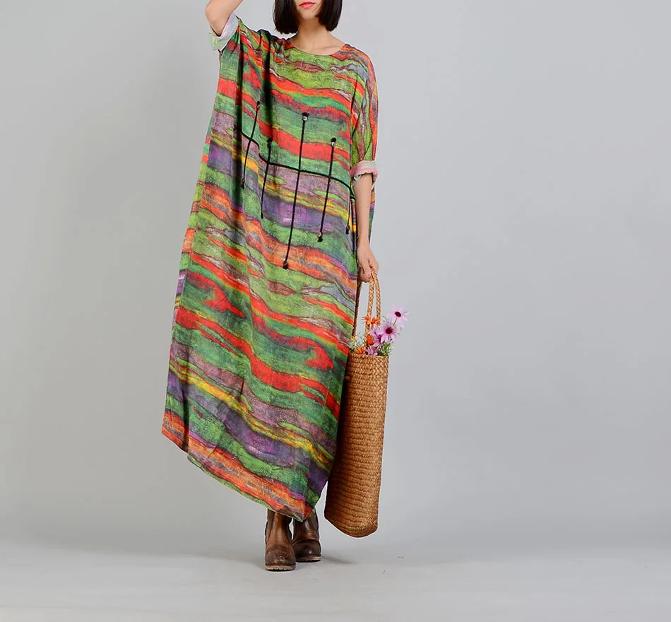 

Women Bat Sleeve Striped Colorful Dress Ladies Casual Batwing Print Dress Female Retro Dress Stripes Dress