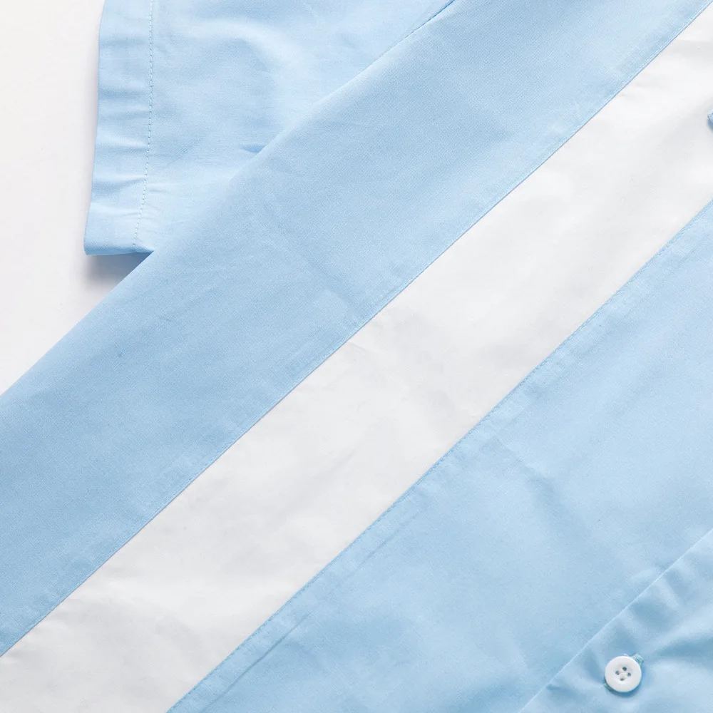 Blouse Men Casual Button-Down Dress Blue White Vertical Striped Shirt Men's Short Sleeve ShirtsCamiseta Retro Hombre Bowling  (5)