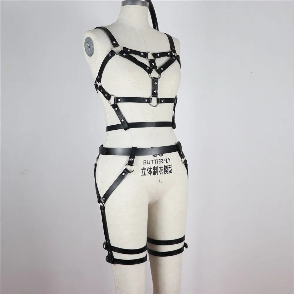 CEA. Sexy Sets 2PCS Women Garters Bra Harness Leg Bondage Straps Fashion Bra Leg Garter Adjustable Leather Belt Punk Style