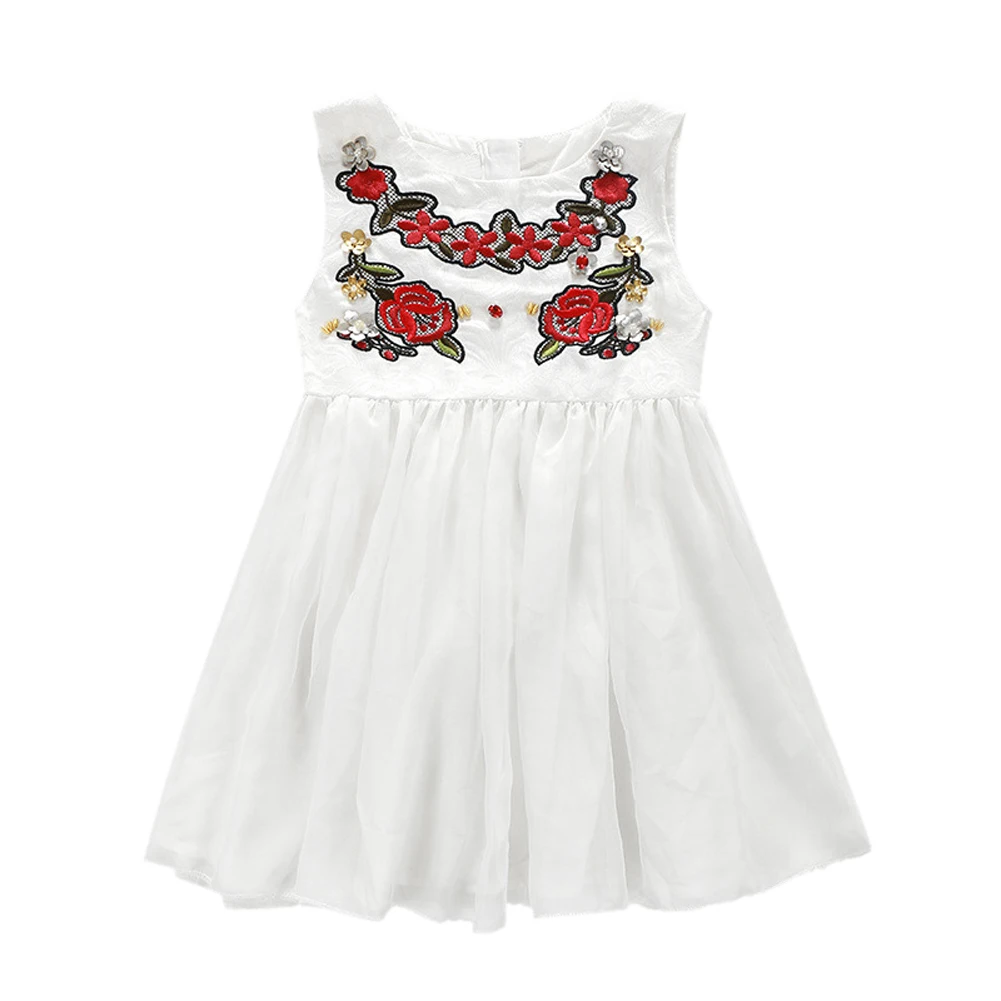 

Kids Children Girls White Sleeveless Veil Dress Diamond Floral Embroidery Princess Dress 2 to 7 Years for Baby Girls 2017 FCI#