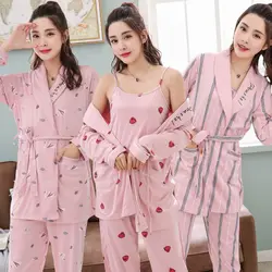 Шт. 3 шт. пикантные хлопковые Пижамные комплекты для женщин 2019 демисезонный с длинным рукавом халаты Solf пижамы Домашняя одежда Pijama Mujer