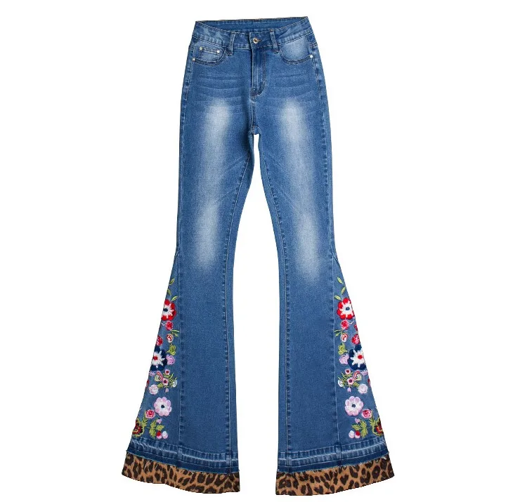 CatonATOZ 2227 женские модные джинсы средней высоты с высокой талией с вышивкой леопардовые эластичные расклешенные джинсы для женщин
