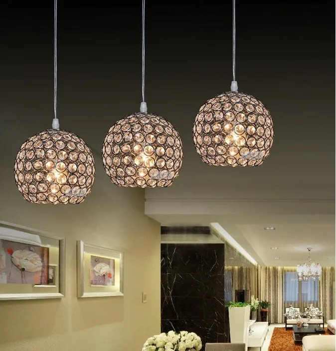 Modern  Bright round ball Silver Iron DIA 15CM E27 led lamps simple K9 crystals Pendant Lights for coffe BAR KTV hotel lighting gold ceiling lights