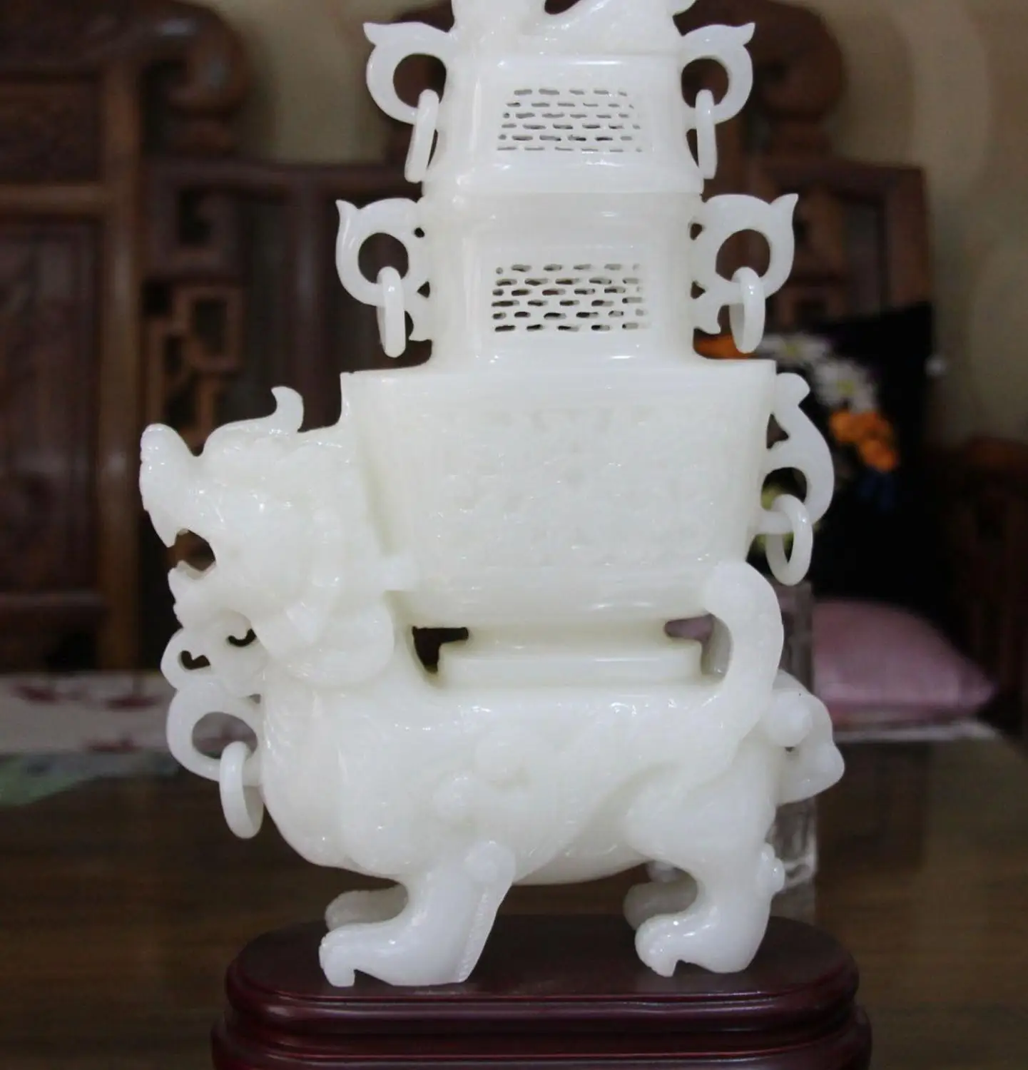 

free shipping 15" China Natural White Jade Pixiu Lion Incense Burner Censer Incensory Vase Zun