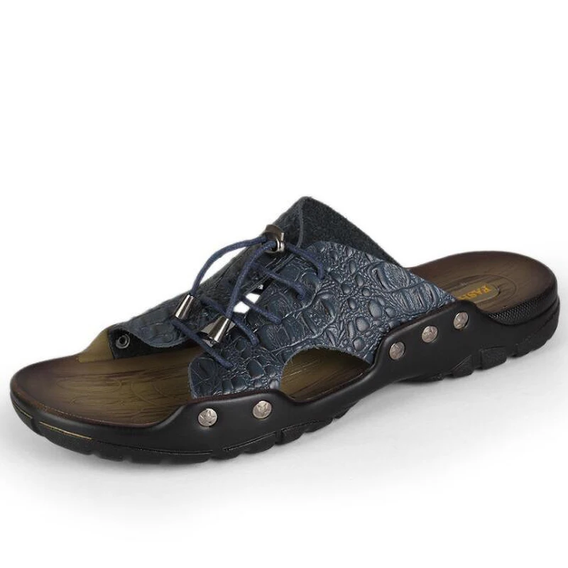 

Men slippers 2018 new summer high quality genuine leather men shoes fashion lace up men beach shoes size 38-46