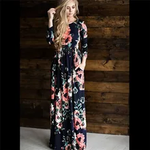 Лето 2017 Для женщин ретро красивые цветочные длинным рукавом шею Boho платье Вечеринка длинные Макси Платья Vestidos