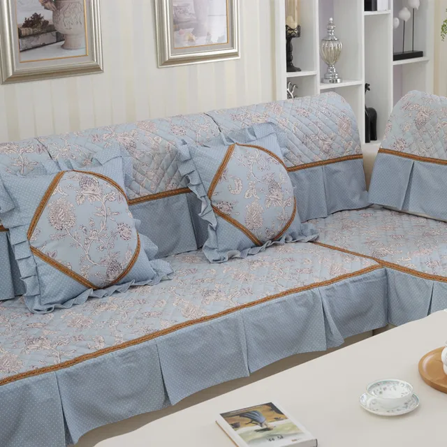 Pastoral Blue Jacquard Quilted Fabric Sectional Couch Cover Floral Cloth Case on Sofa Kanape