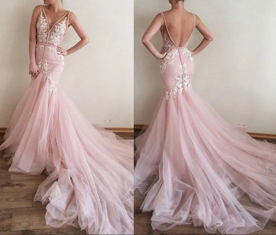 Pink Muslim Evening Dresses 2019 Mermaid V-neck Tulle Lace Appliques Backless Islamic Dubai Saudi Arabic Long Evening Gown Prom Pink Muslim Evening Dresses 2019 Mermaid V-neck Tulle Lace Appliques Backless Islamic Dubai Saudi Arabic Long Evening Gown Prom