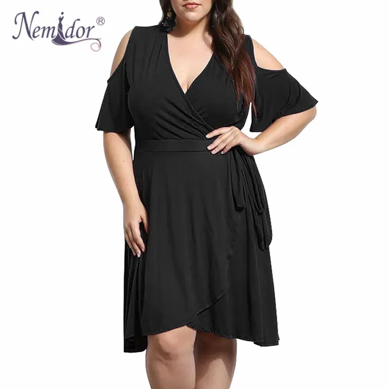 

Nemidor Women Vintage V-neck Half Sleeve Plus Size 8XL 9XL A-line Dress Stretchy Cold Shoulder Cocktail Knee Length Swing Dress