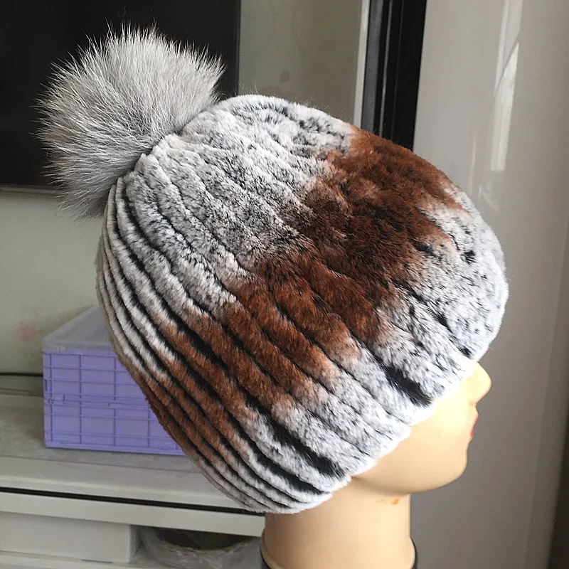 

Rex rabbit fur fox fur ball cap autumn and winter ladies knitted elastic cap