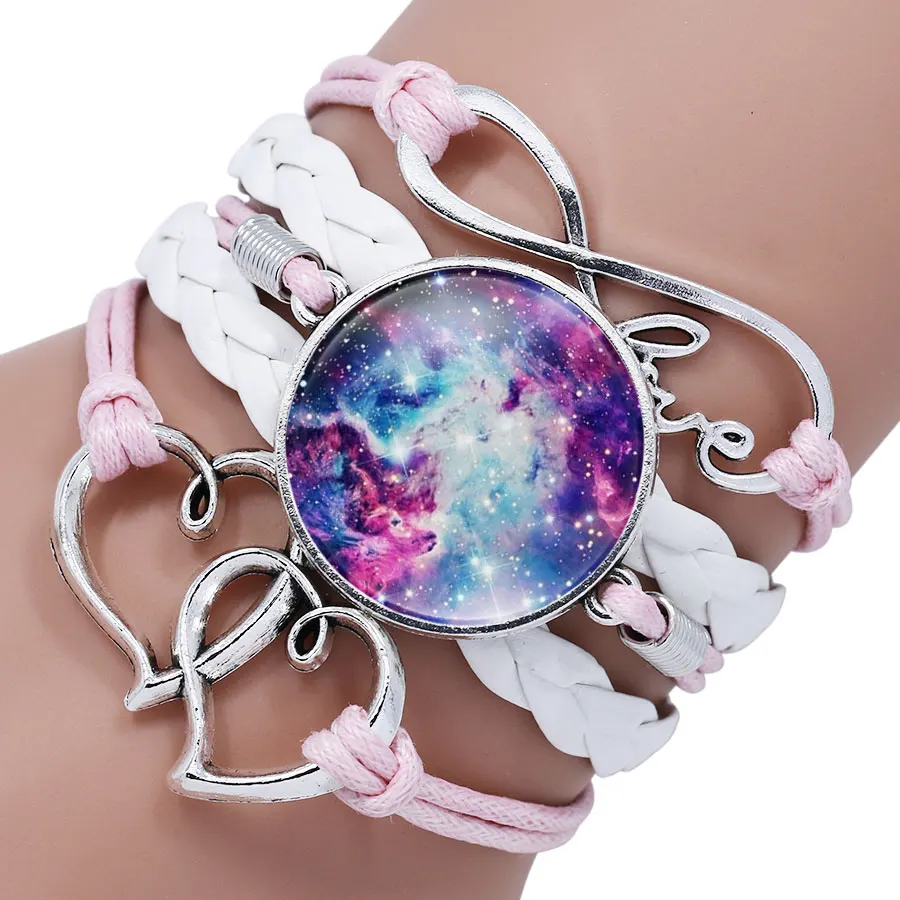 

NingXiang Infinity Heart Glass Galaxy Leather Bracelet Universe Starry Nebula Gem Charm Bracelet Multi Color Gift Jewelry