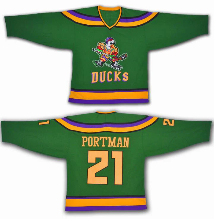 

Fashion #21 Dean Portman #33 Greg Goldberg #44 Fulton Reed #66 Gordon Bombay Mighty Ducks Movie Hockey Jersey Green Sweater Men
