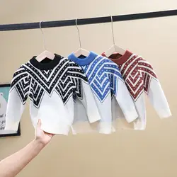 Детский свитер для мальчиков; осенне-зимняя одежда в Корейском стиле для малышей; пуловер для девочек; теплый плюшевый кардиган в полоску;