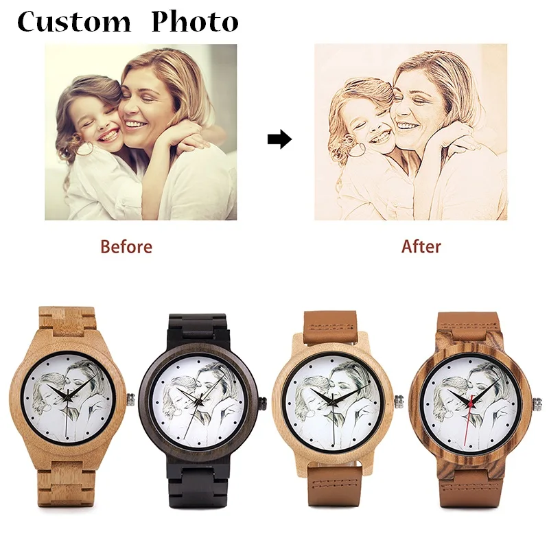 BOBO BIRD Personality Print Buyer's Photo on Wood Watches Custom Men Women Watch Creative Quartz Wristwatch relogio masculino