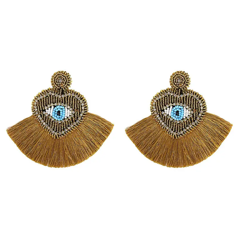 Ethnic Beaded Heart Eye shape Tassel Statement Earrings Jewelry Bohemian Vintage Chic Birthday Gift Drop Earring for Women