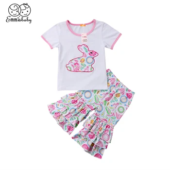 

2pcs Newborn Kid Baby Girl Easter Clothes Set Rabbit Clothes Jumpsuit Romper Bodysuit+Ruffles Flare Pants Outfits