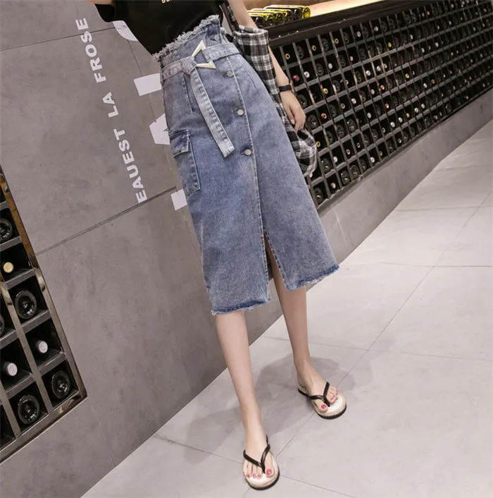 RUGOD 2019 джинсовая открытая Женская юбка с высокой талией нерегулярная modis до середины икры сплошной пояс джинсовая юбка лето modis femme falda
