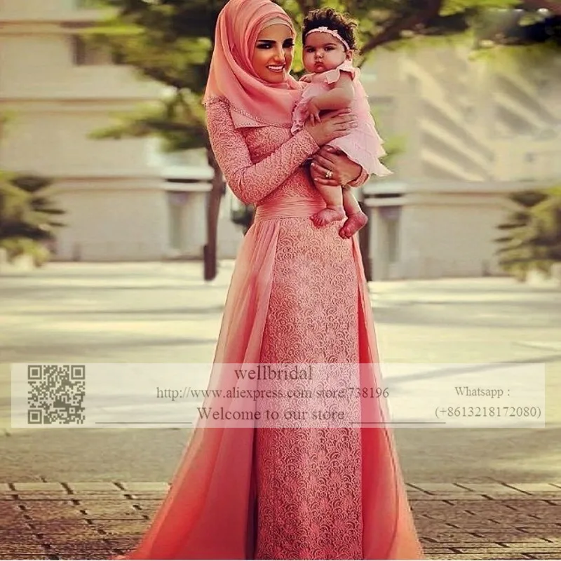 Fully Lace 2016 Long Sleeve Muslim Robe de Mariage font b Hijab b font Dubai Saudi