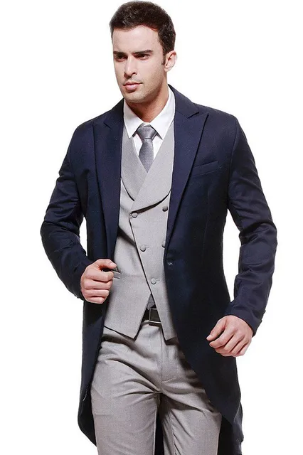 Tailor Made Navy Biru Abu abu Groom Tuksedo Jas Berekor 
