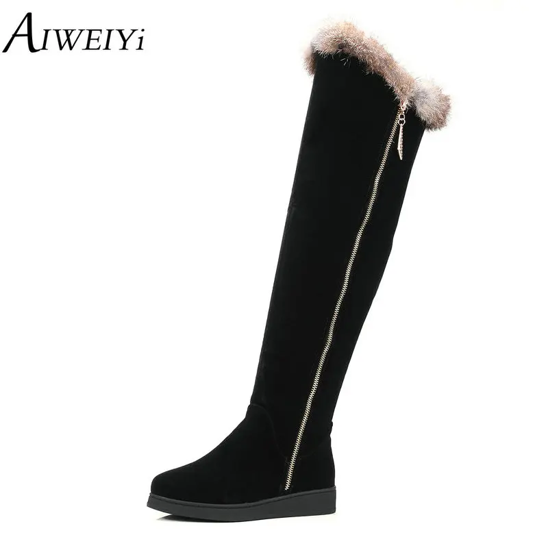 

AIWEIYi Over the Knee Boots Black Rabbit Fur Warm Winter Boots Plush Snow Boots Long Booties