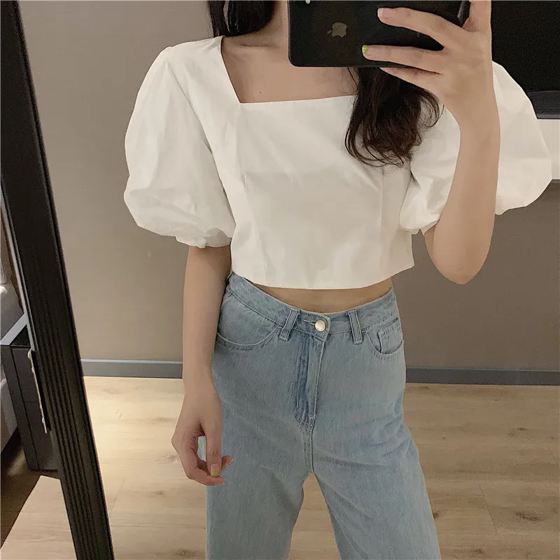 

Big Puff Sleeve Square Neck Blouse Sexy Girl Petite Cropped Shirt Women Top Chemise Femme Chemisier Blusa Mujer Princess Camisa