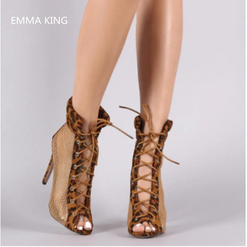 

EMMA KING 2018 High Heels Booties Peep Toe Women's Short Boots Netted Mesh Upper With Contrast Leopard Trim With Lace-up Closure