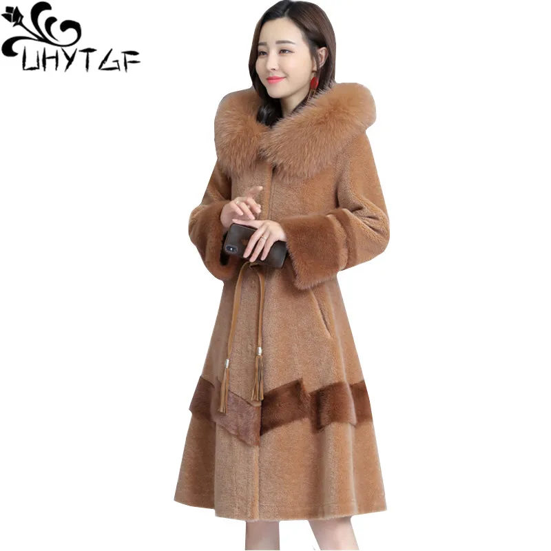 

UHYTGF luxury Fox fur collar Hooded Winter Fur Coat Sheep shearing Slim long Outerwear Mink Warm Fur jacket M-4XL Plus size 1027