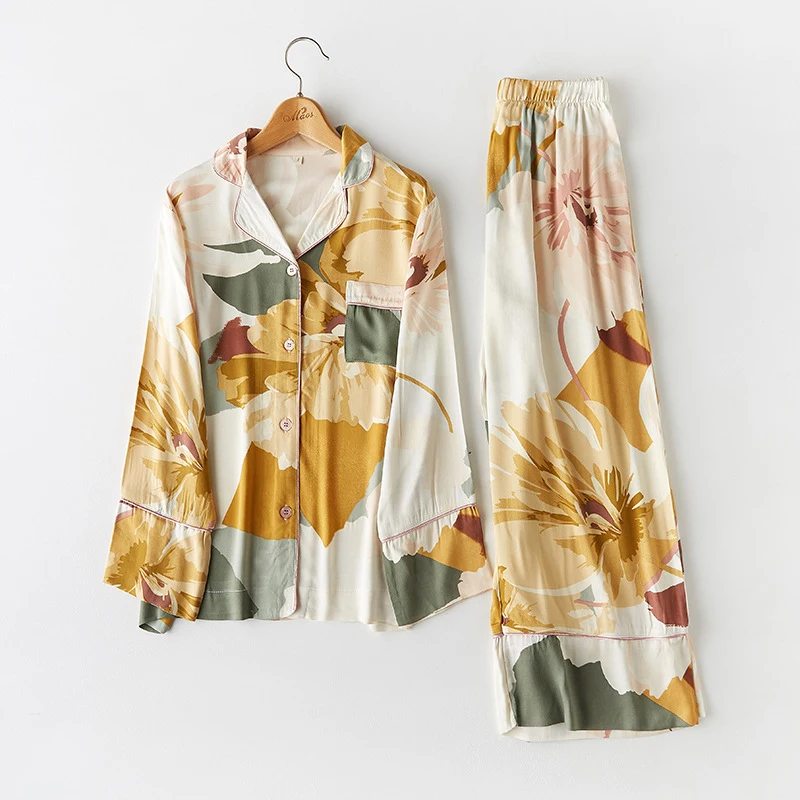 

CEARPION Femme Pajama Suit Print Flower Long Sleeve 2pcs Shirt+pants Nightwear Casual Women Pajamas Set Cotton Sleep Wear