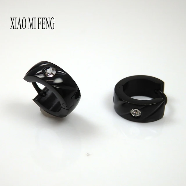Xiao Mi Feng Black Stainless Steel Earring Hoops For Men And Women Xiao Mi Feng Black Stainless Steel Earring Hoops For Men And Women With Rhinestones Charming Fashion