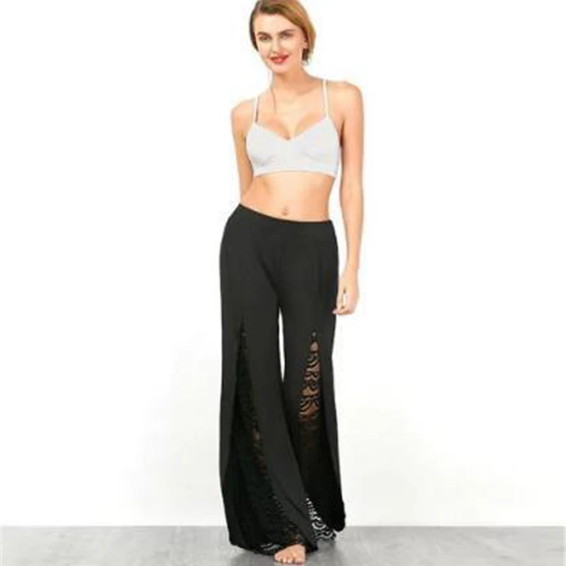 Lace Splice Wide Leg Pant For Women Elastic High Waist Large Size Long Trouser Autumn Female 2018 Fashion Flare Pants OL Clothes | Женская