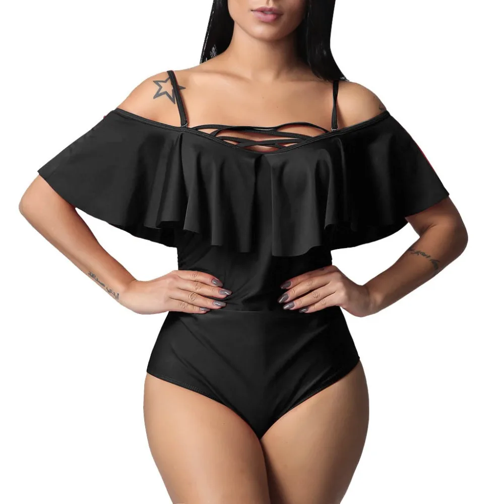 

Women solid Bikinis Set One-piece Sexy Ruched Flounce Flutter Tummy Control Backless Swimsuit maillot de bain fille 4fn