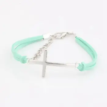 

Hot ! 30 pcs New men and women fashions Light Green Velvet with Zinc Alloy Cross Charm Adjustable String Bracelet