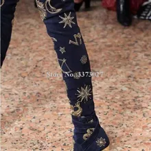 Velvet Ladies Thigh High Boots Metal Plated Chunky Heels Long Boots Fashion Embroidery Moon and Star Over the Knee Woman Boots